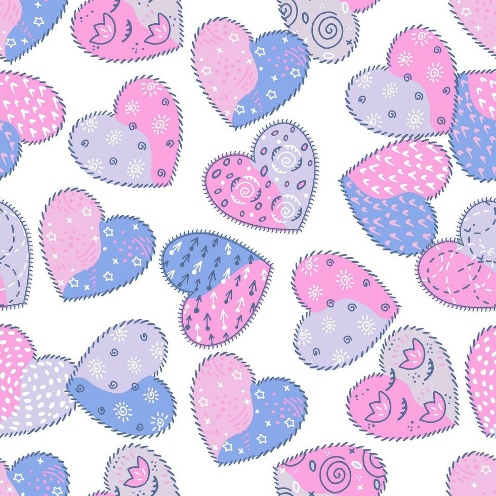 Seamless pattern of handmade pink and blue hearts on a white background. vector