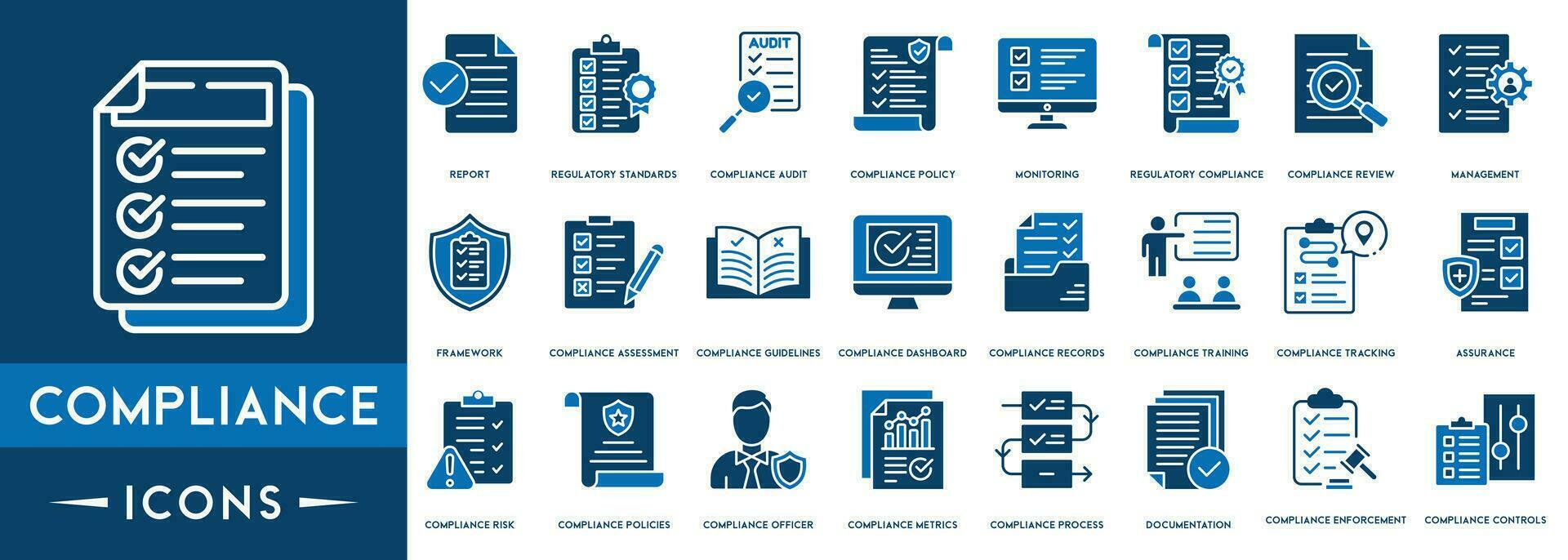 Compliance icon set. Checklist on the clipboard line icon with checkmarks, checklist, document, gear, Review, Compliance Management, Framework, Assessment outline icons. vector