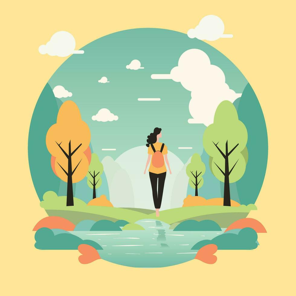 girl walking in a minimalist natural landscape vector