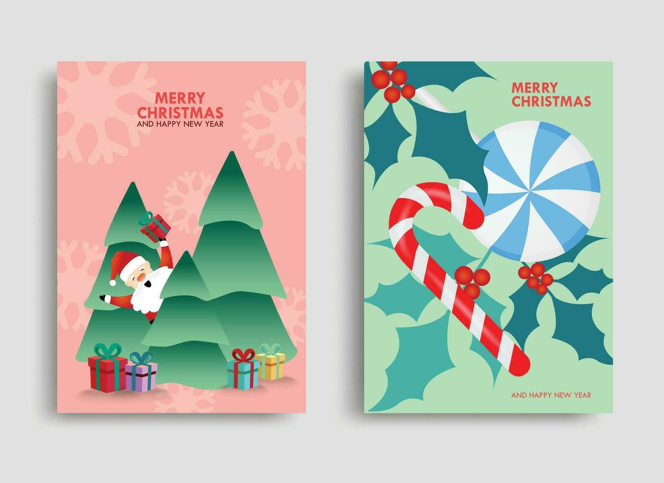 Set of seasonal invitation cards, Christmas tree, Santa, and Candy on colorful backgrounds, Vector illustration concepts for graphic and web design, social media banners, and marketing material.