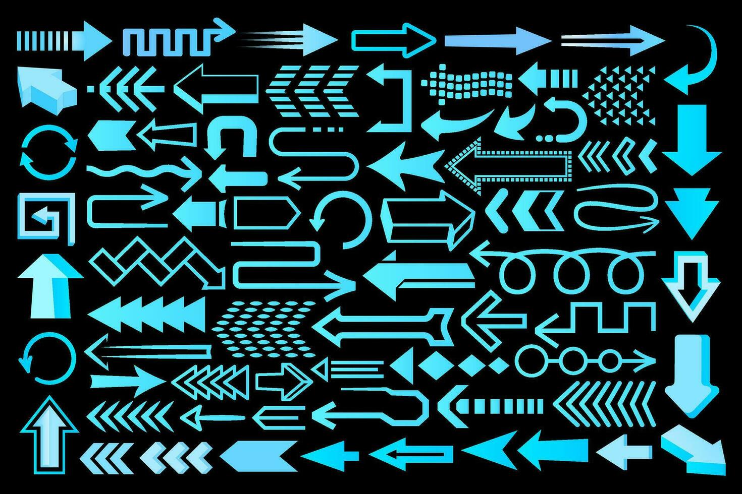 High tech arrow set. Collection of blue arrows for technological, futuristic, scientific designs. Pointer, cursor, navigational and directional arrow icons. vector
