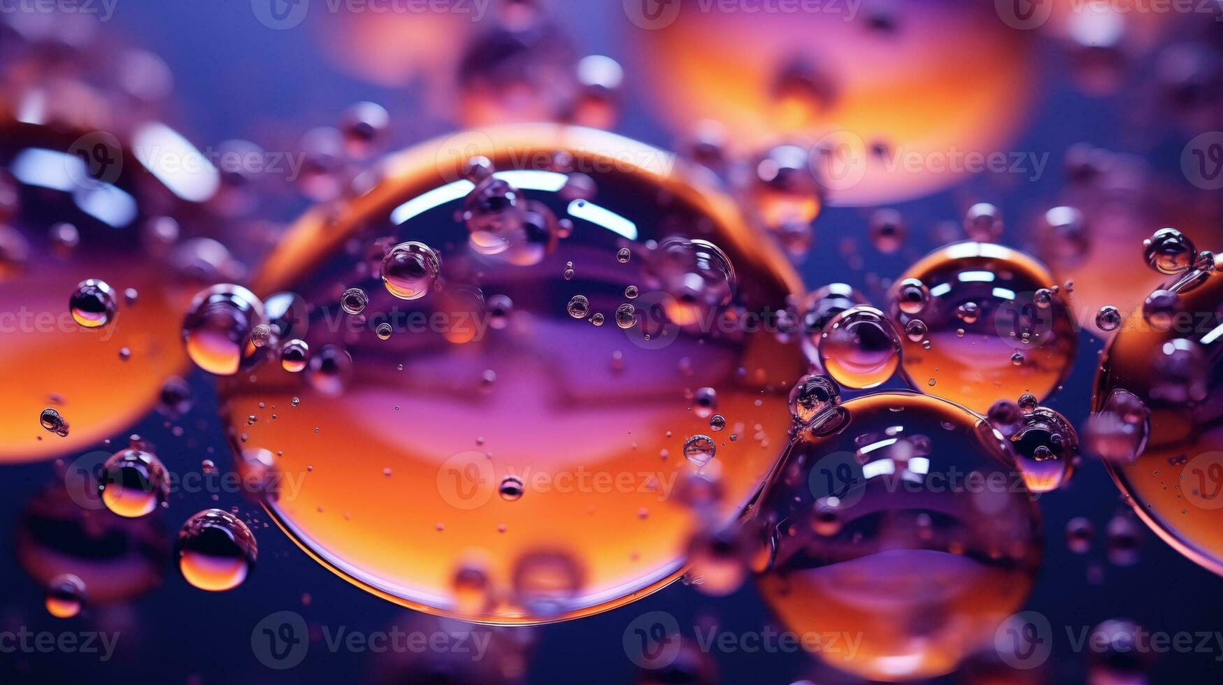 Multi-colored bright transparent glossy bubbles close-up. Oil drops on water surface abstract back. ai generative photo