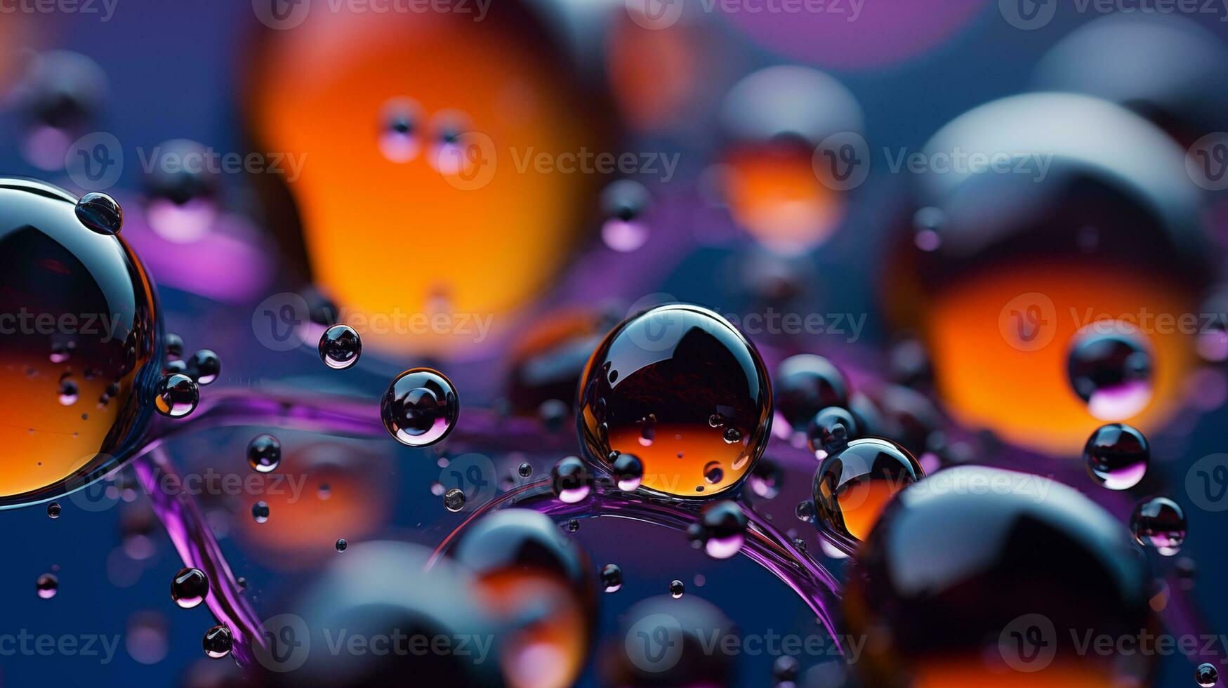 Multi-colored bright transparent glossy bubbles close-up. Oil drops on water surface abstract back. ai generative photo