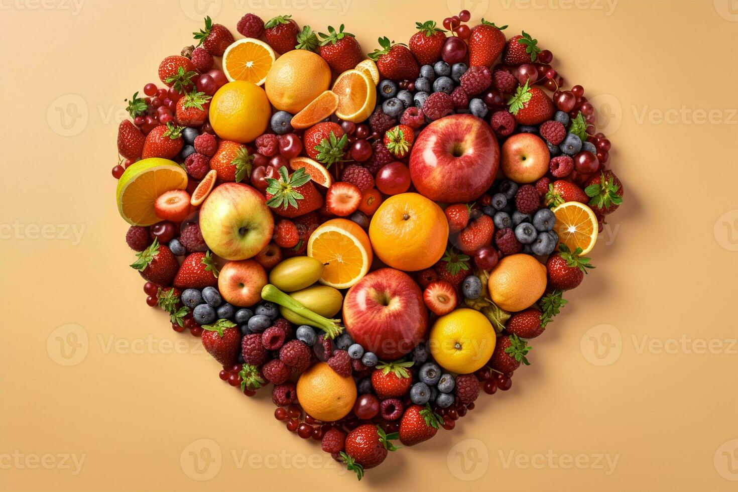 Heart shape created with fresh fruits on pastel isolated background.Healthy life concept.Top view.AI Generative photo