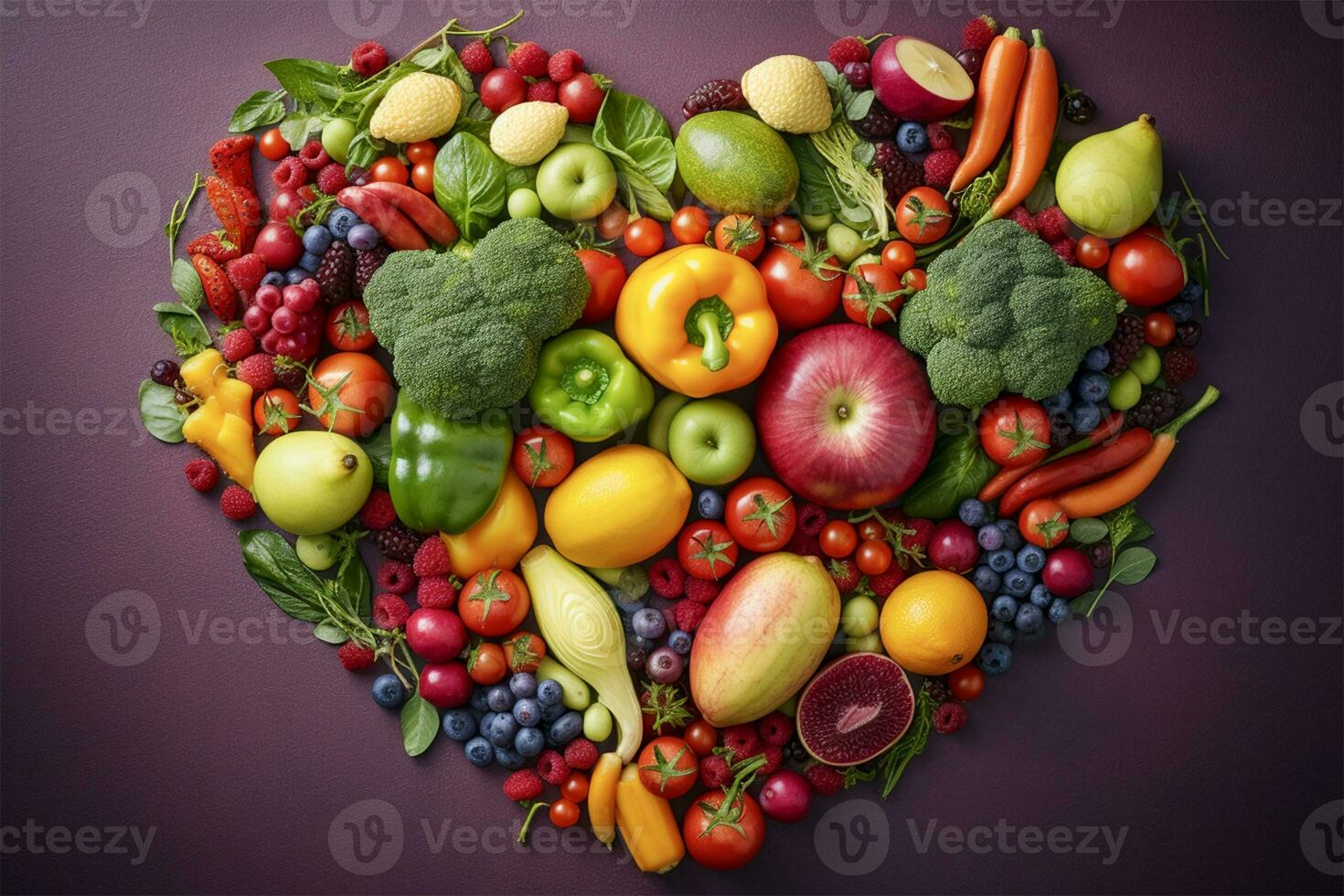 Heart shape created with fresh vegetables on pastel isolated background.Healthy life concept.Top view.AI Generative photo