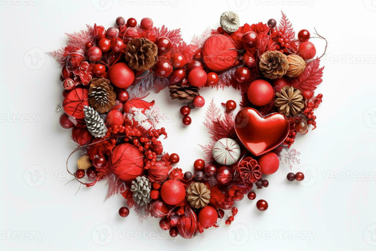 Heart shaped wreath created with Christmas decorations on isolated background.Top view.Copy and text space.AI Generative photo