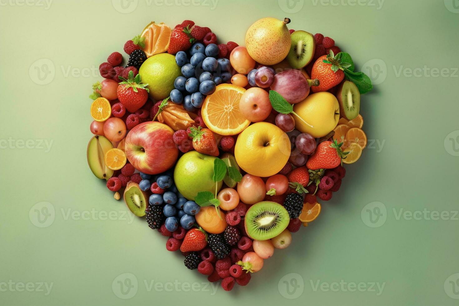 Heart shape created with fresh fruits on pastel isolated background.Healthy life concept.Top view.AI Generative photo