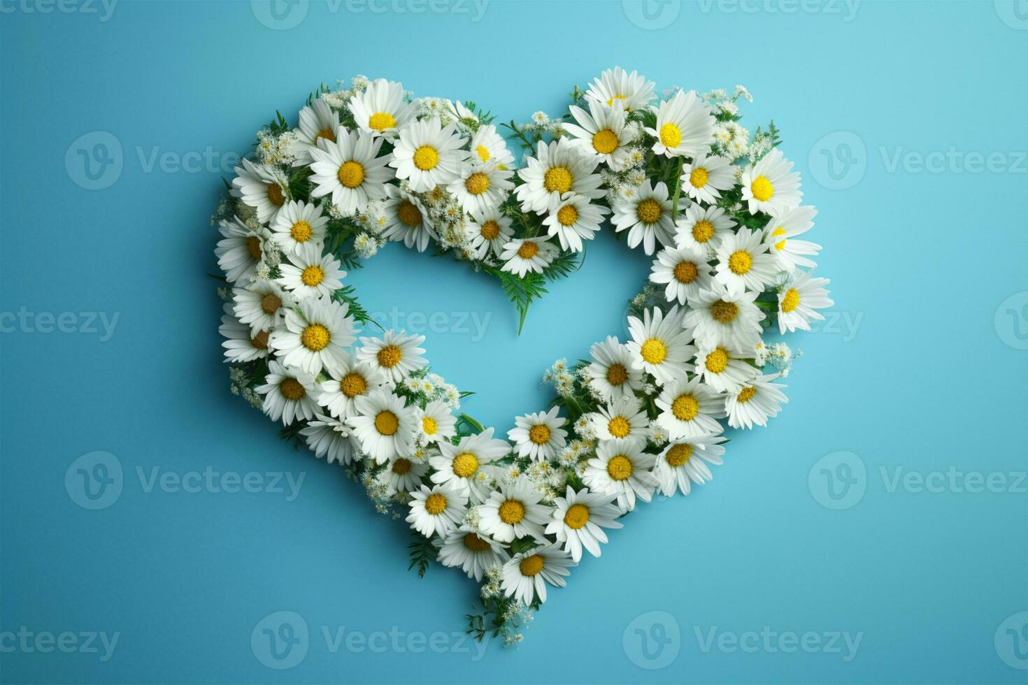 Heart shaped wreath created with daisies on pastel isolated background.Top view.Copy and text space.AI Generative photo