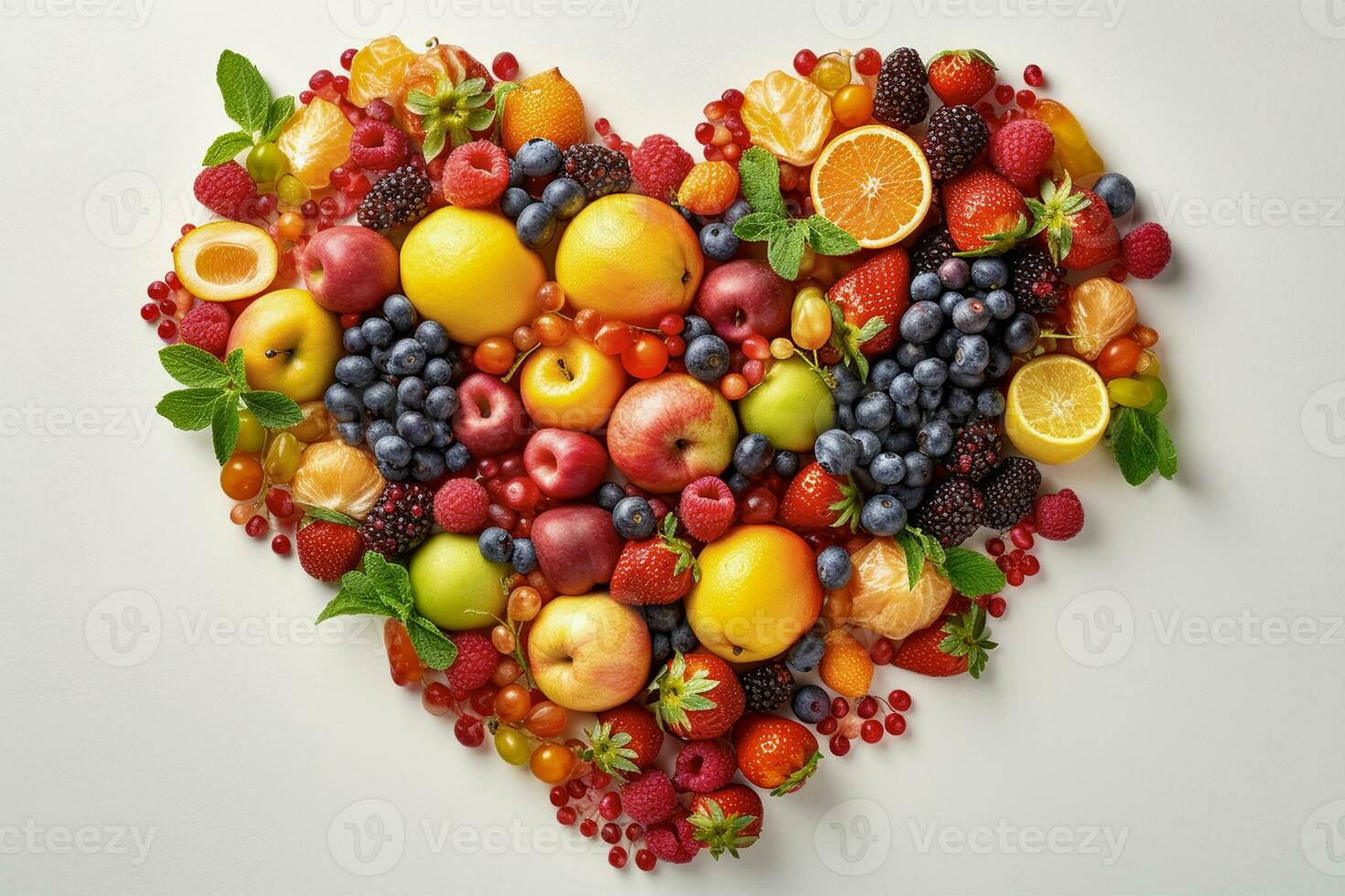 Heart shape created with fresh fruits on pastel isolated background.Healthy life concept.Top view.AI Generative photo