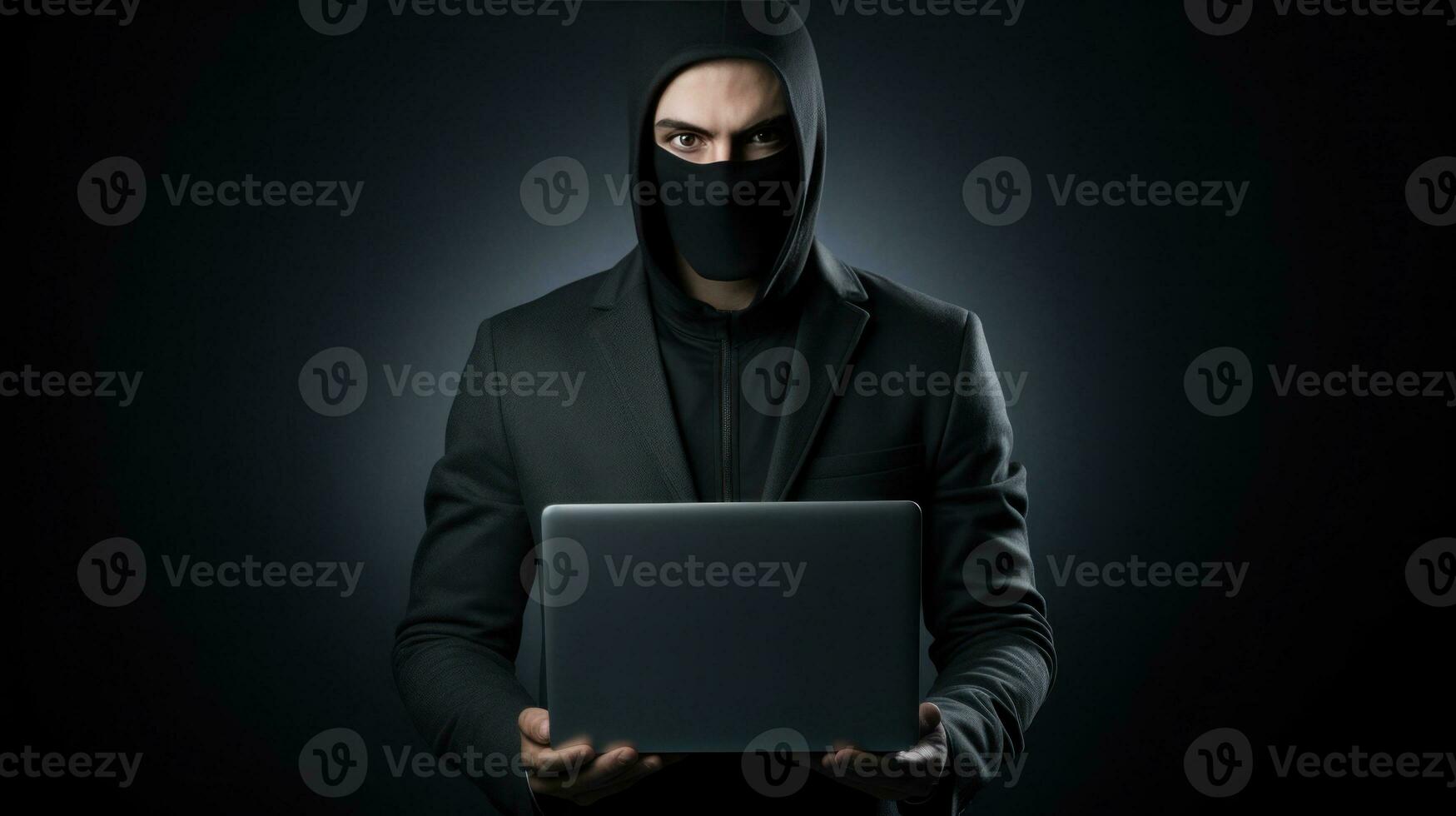 AI generated portrait hacker wearing suit holding the laptop on grey isolated background ai generated photo