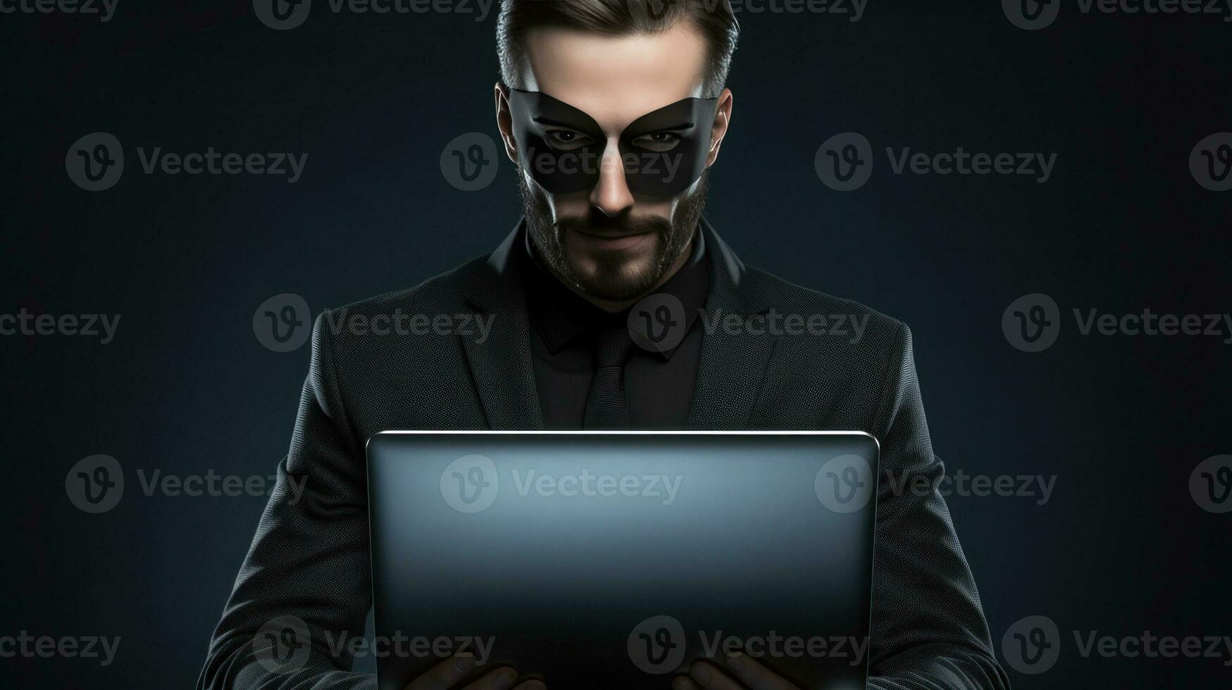 portrait hacker wearing suit holding the laptop on grey isolated background with ai generated photo