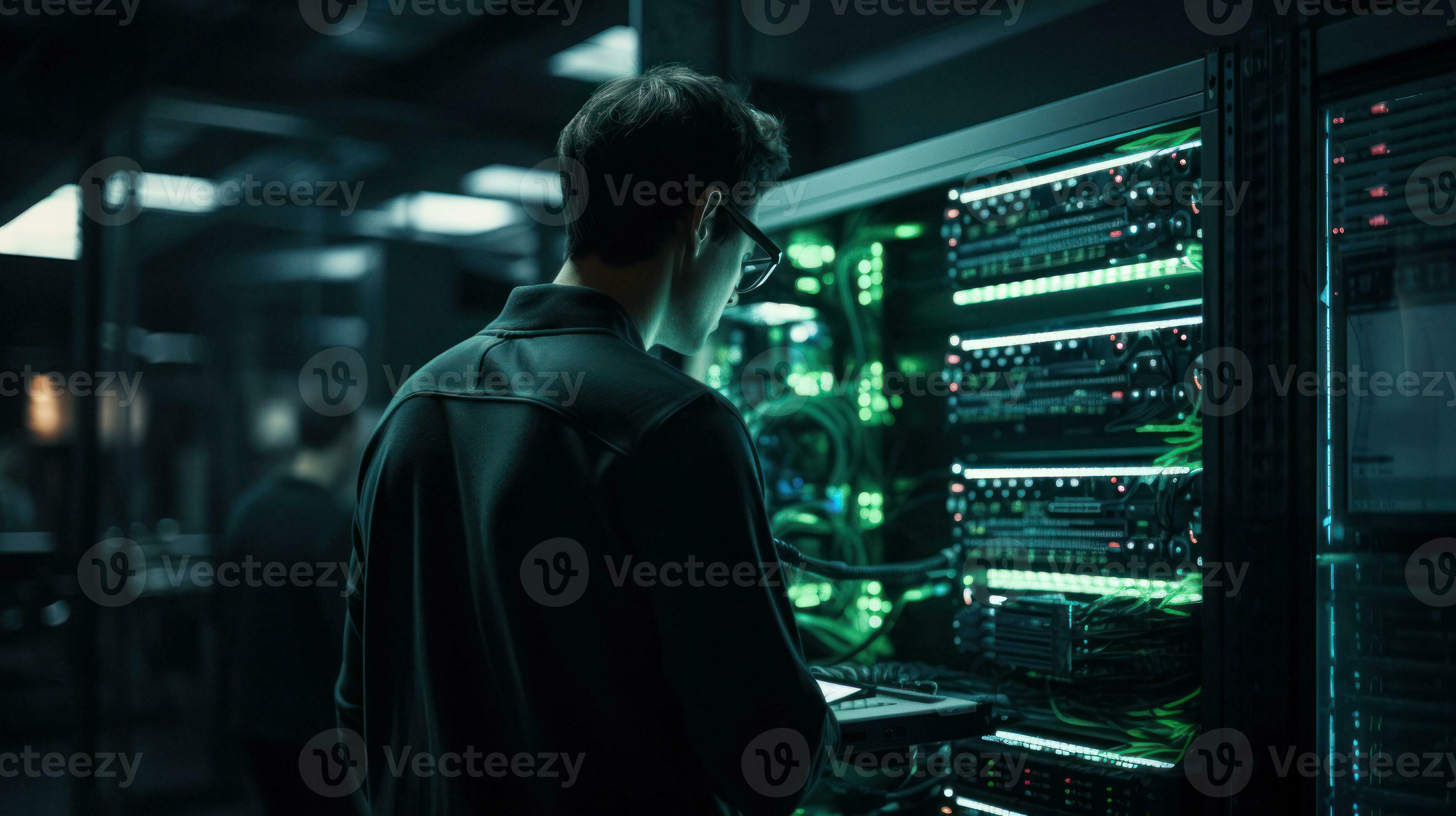 computer engineering working in the server room with ai generated ...