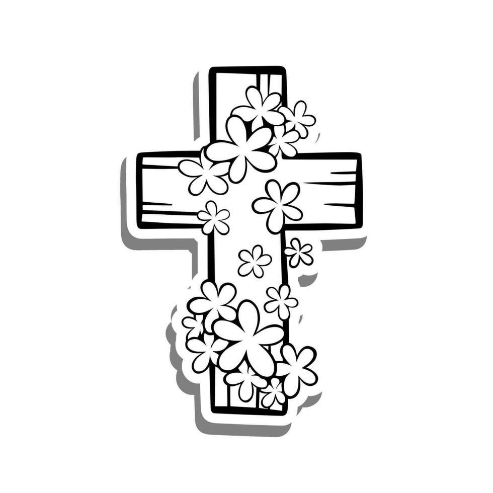 Wood Cross with Cute Flowers Outline on white silhouette and gray shadow. Hand drawn cartoon style. Vector illustration for decorate and any design.