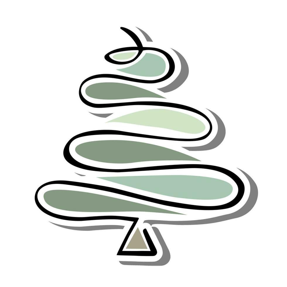 One Line Art Christmas Tree with green on white silhouette and gray shadow. Vector illustration for decoration or any design.