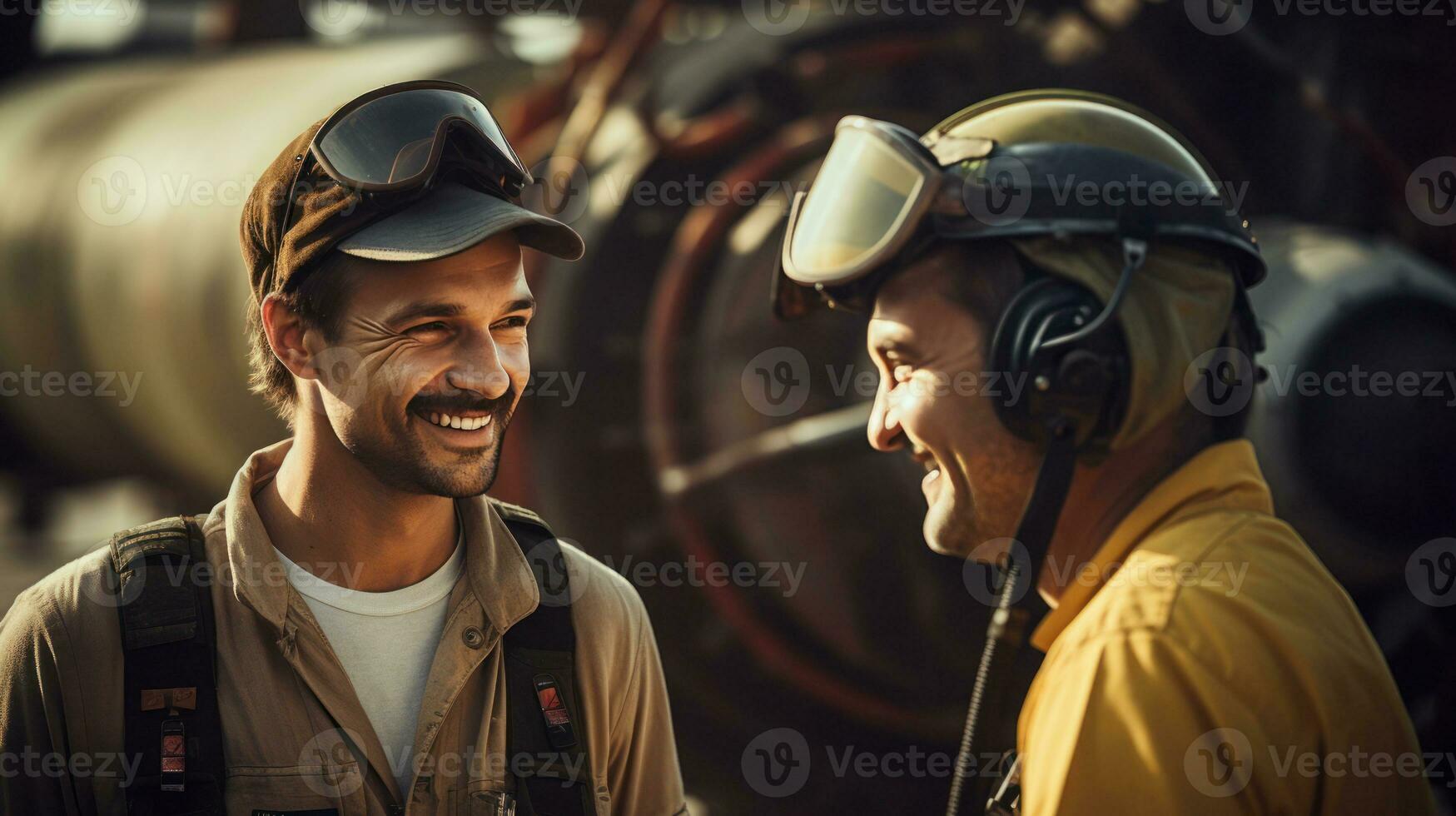 Two Engineer talking at engine airplane constructions site with ai generated photo