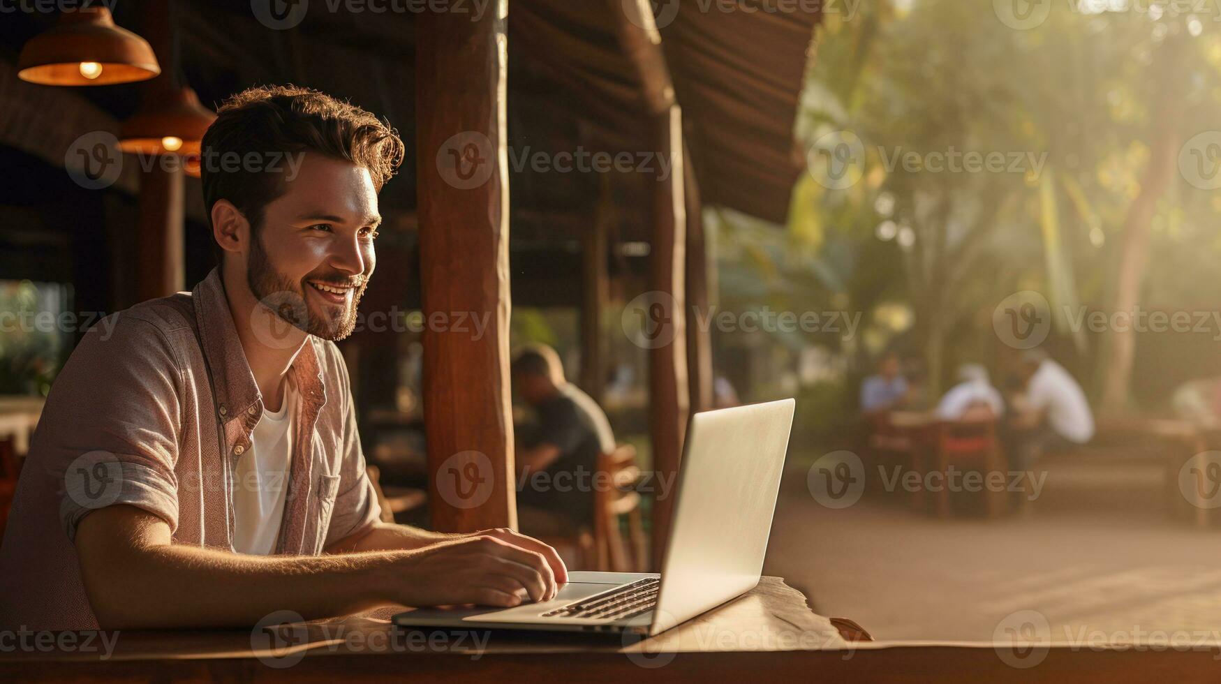 Young lifestyle digital nomad working on the laptop with ai generated photo