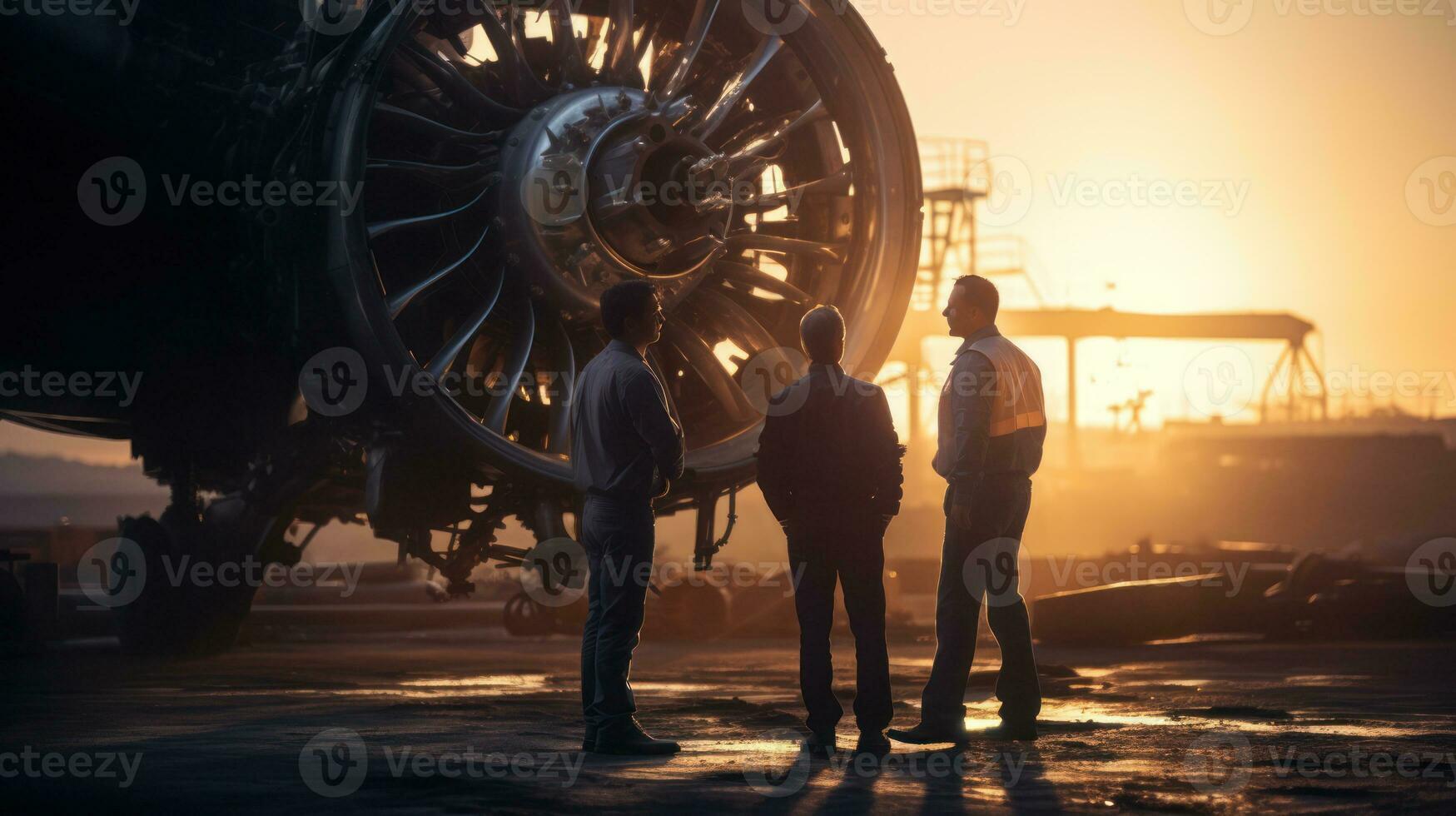 Engineer talking at engine airplane constructions site with ai generated photo