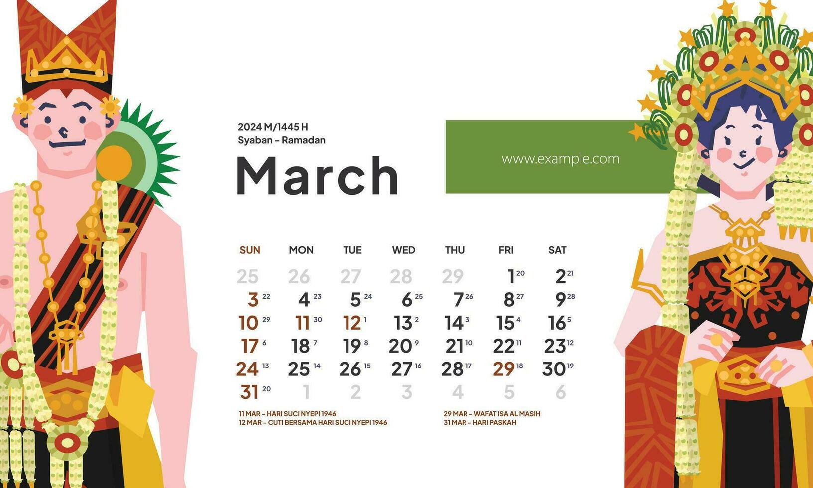 marzo 2024 calendario con Indonesia nacional fiesta paisaje modelo diseño editable texto vector