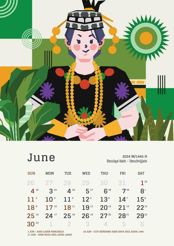 junio mensual calendario con Indonesia nacional fiesta modelo diseño editable texto vector