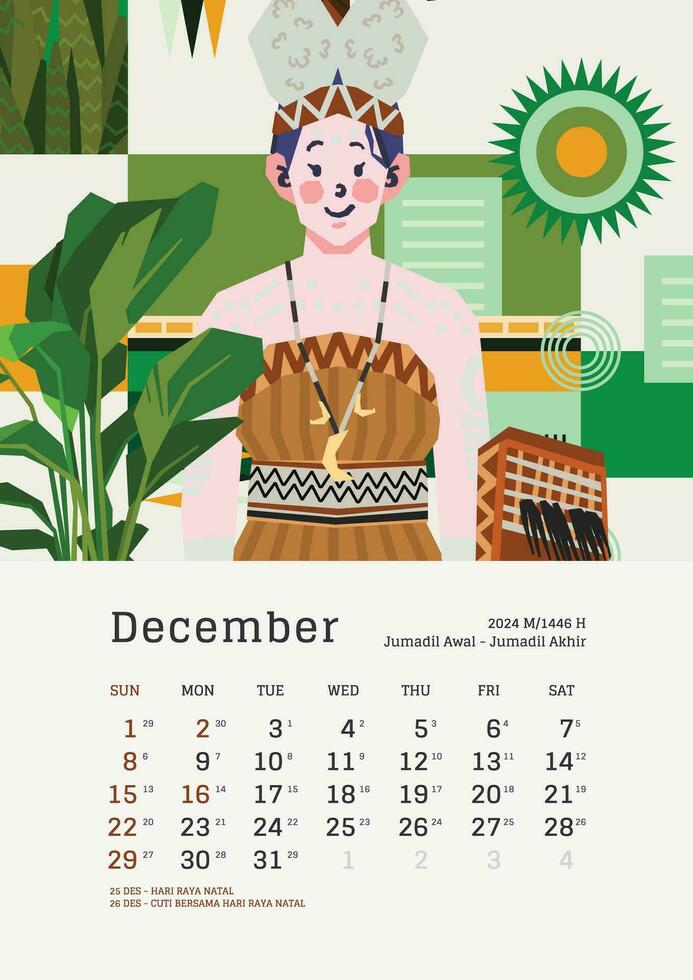 diciembre mensual calendario con Indonesia nacional fiesta modelo diseño editable texto vector