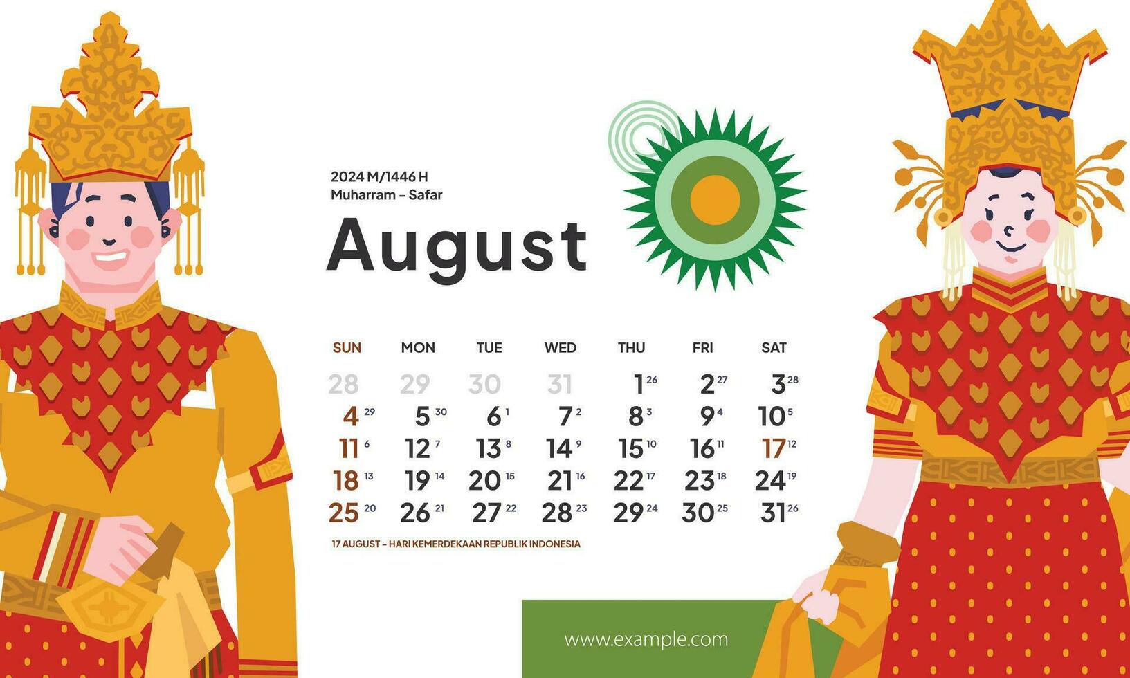agosto 2024 calendario con Indonesia nacional fiesta paisaje modelo diseño editable texto vector