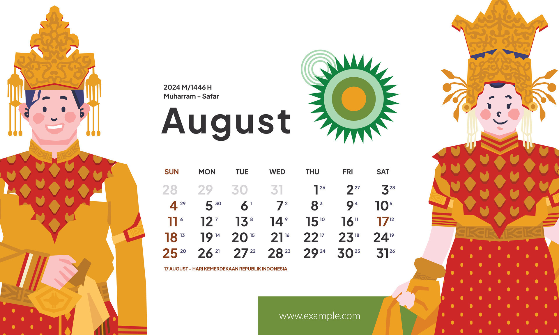 August 2024 calendar with Indonesia National Holiday Landscape template