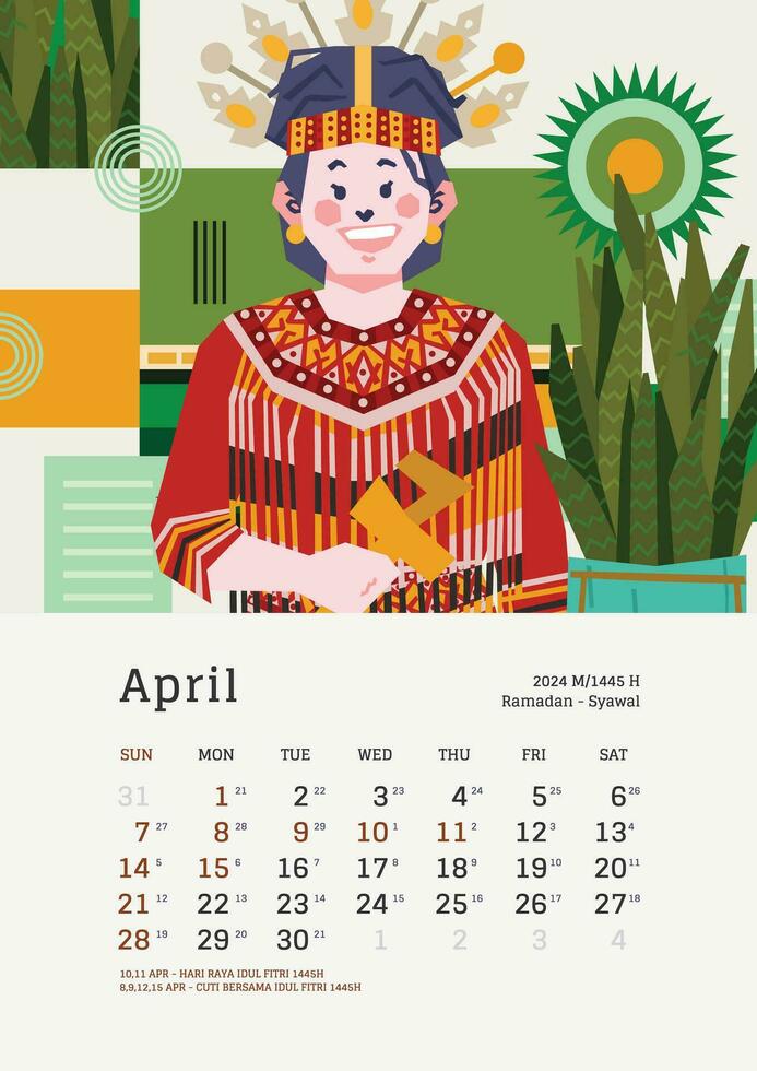 abril mensual calendario con Indonesia nacional fiesta modelo diseño editable texto vector