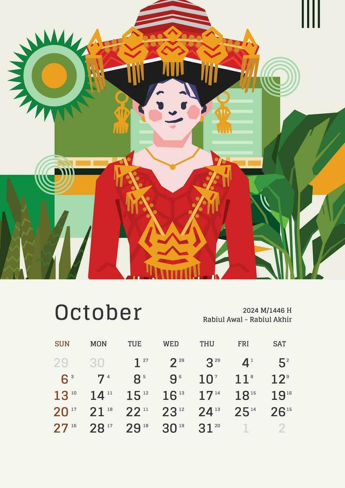 October monthly calendar with Indonesia National Holiday template layout Editable Text vector