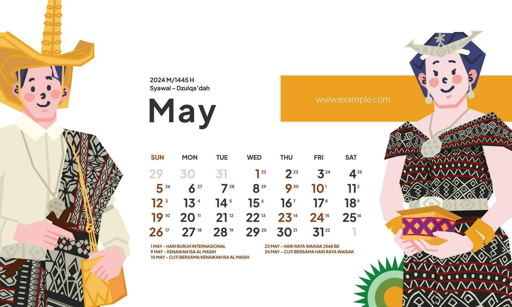 mayo 2024 calendario con Indonesia nacional fiesta paisaje modelo diseño editable texto vector