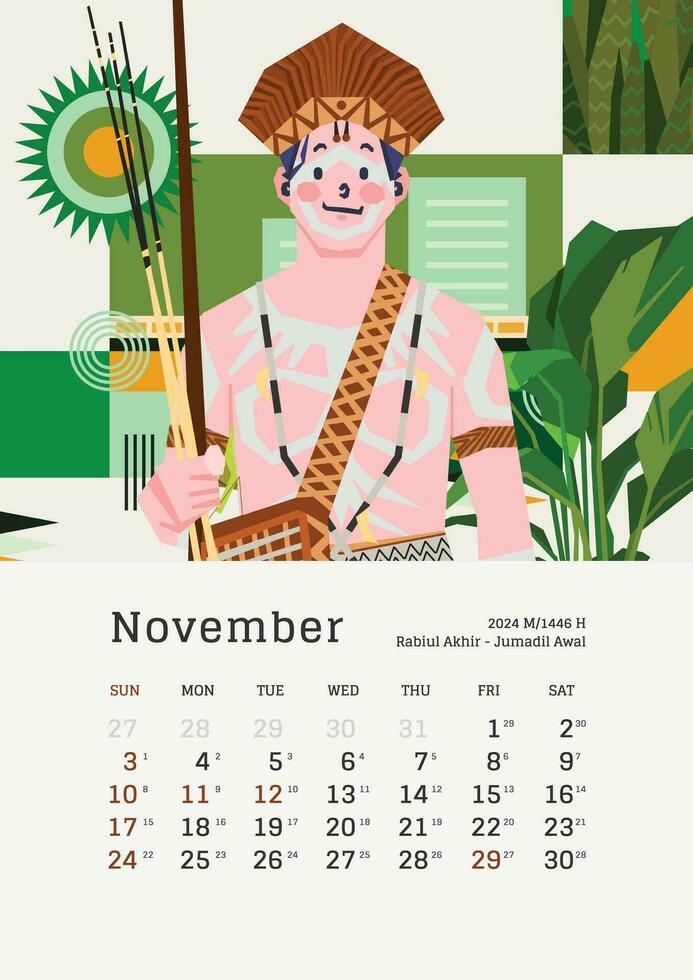 noviembre mensual calendario con Indonesia nacional fiesta modelo diseño editable texto vector