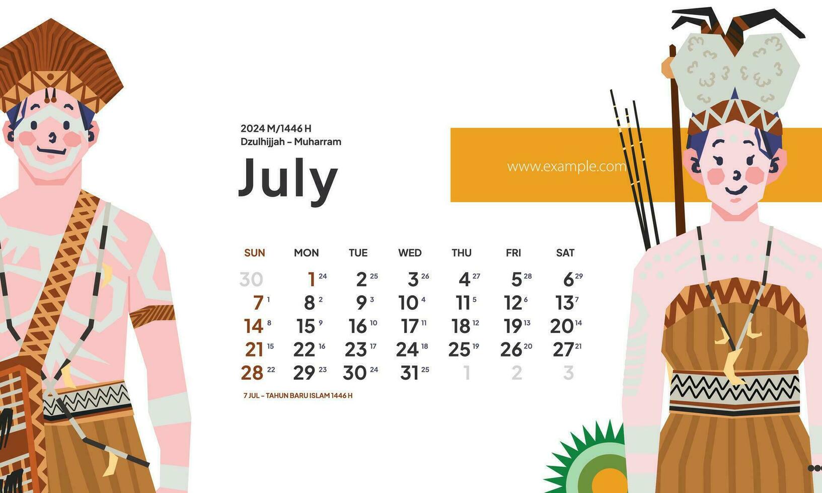 julio 2024 calendario con Indonesia nacional fiesta paisaje modelo diseño editable texto vector