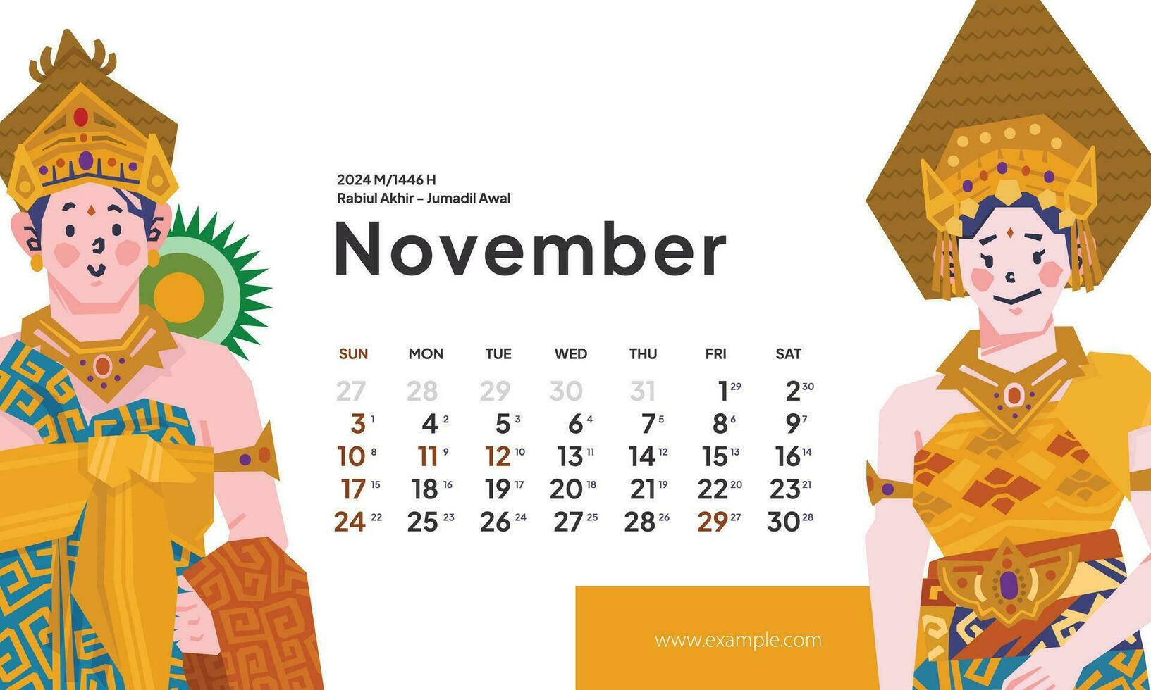 November 2024 calendar with Indonesia National Holiday Landscape template layout Editable Text vector