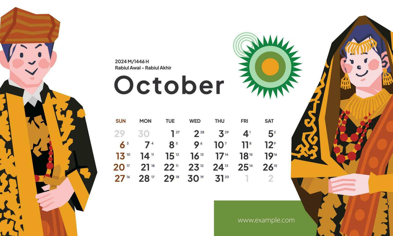 octubre 2024 calendario con Indonesia nacional fiesta paisaje modelo diseño editable texto vector