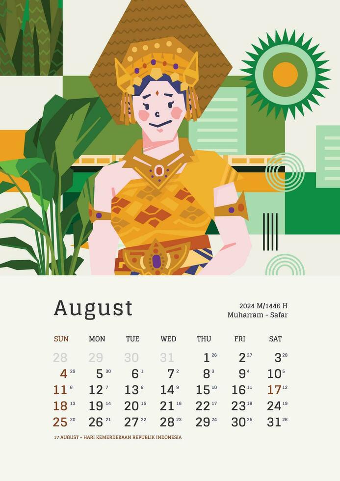 August monthly calendar with Indonesia National Holiday template layout Editable Text vector