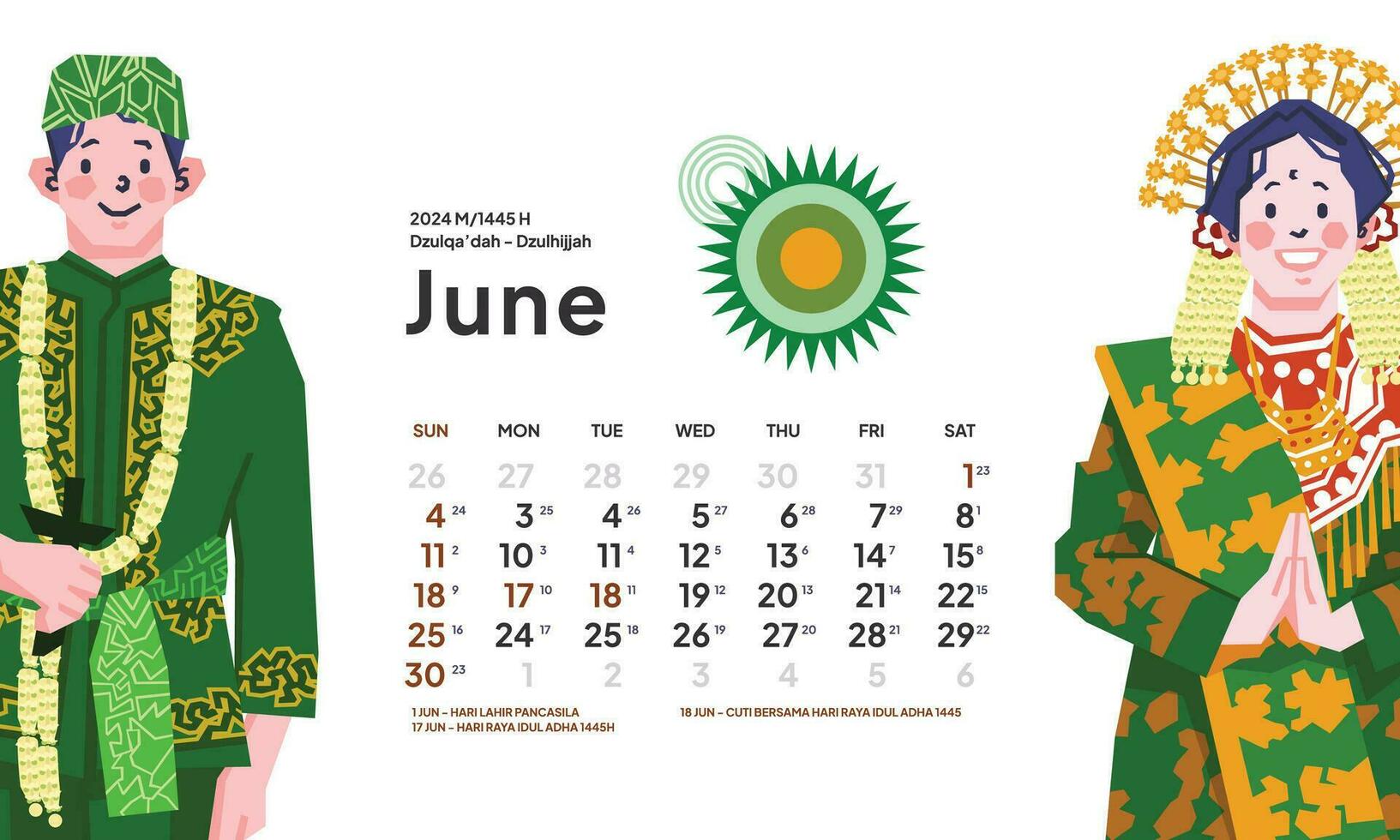 junio 2024 calendario con Indonesia nacional fiesta paisaje modelo diseño editable texto vector