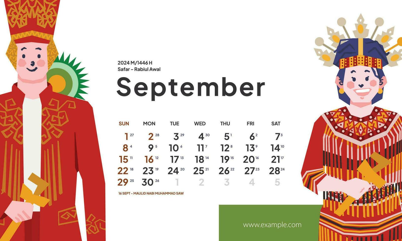 septiembre 2024 calendario con Indonesia nacional fiesta paisaje modelo diseño editable texto vector