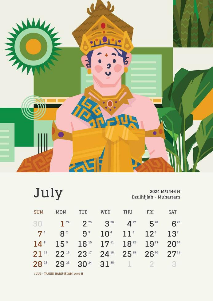July monthly calendar with Indonesia National Holiday template layout Editable Text vector