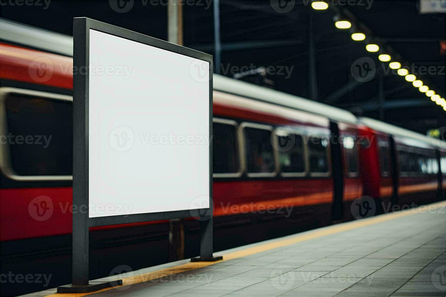 Blank square billboard mockup on subway station with a moving train. Generative AI photo