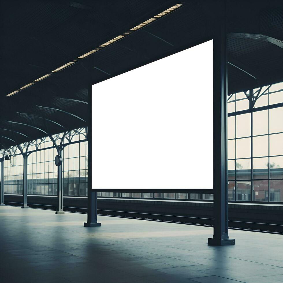 Blank rectangle billboard mockup on train station. Generative AI photo