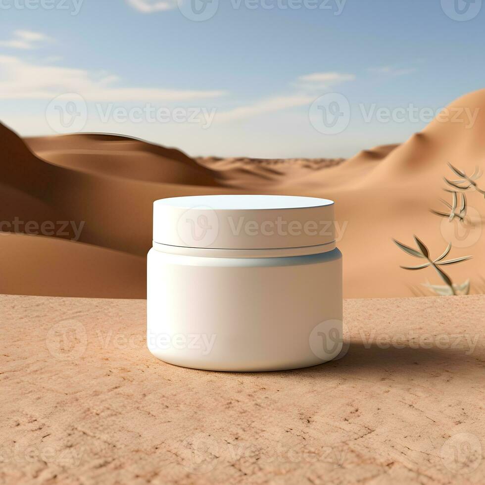 Blank white cosmetic jar on sand with desert background. Generative AI photo
