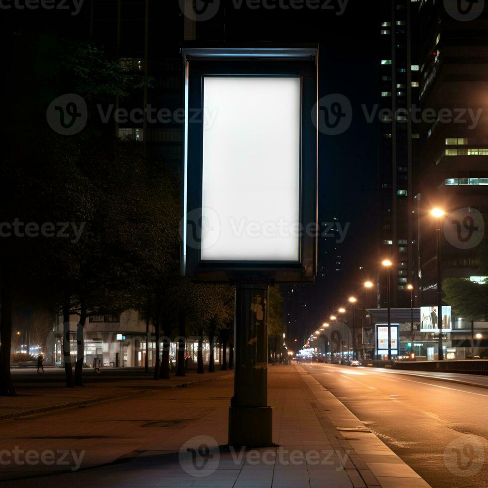Blank black signboard mockup on sidewalk at night. Generative AI photo