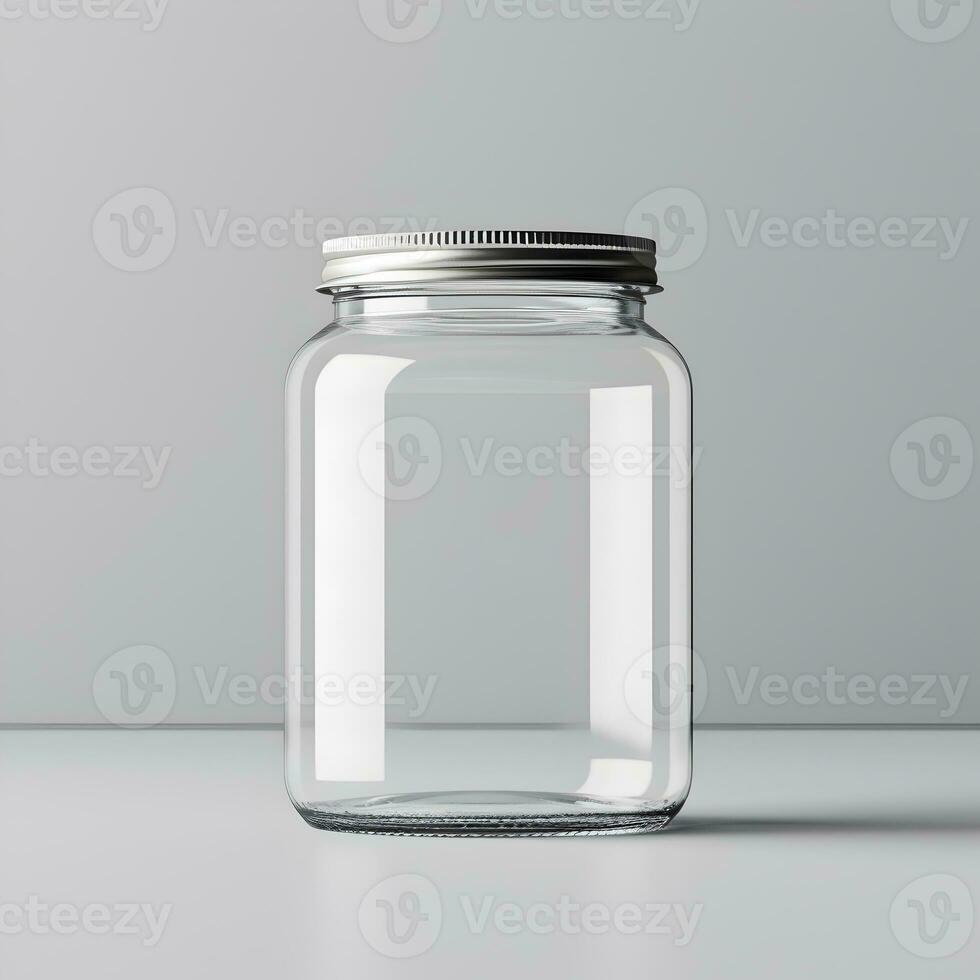 Transparent glass jar mockup on grey background. Generative AI photo