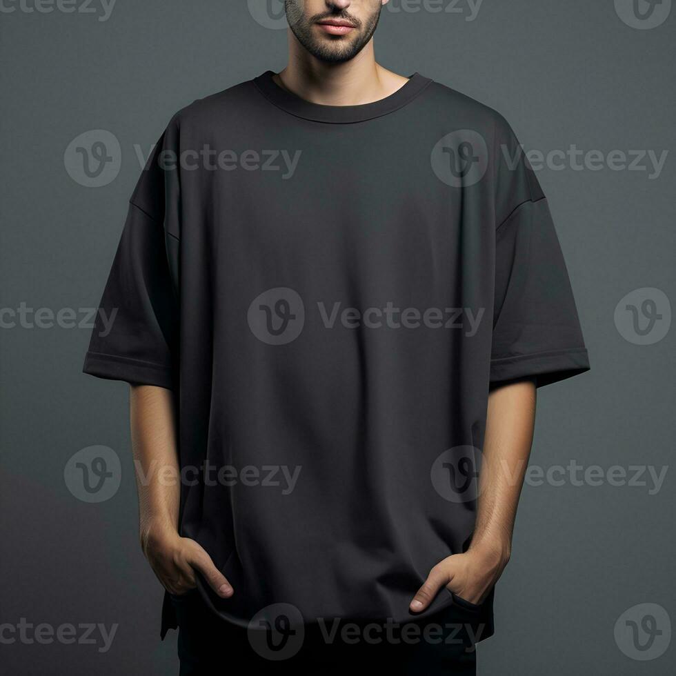 Man in blank black oversize t-shirt for design mockup, front view. Generative AI photo