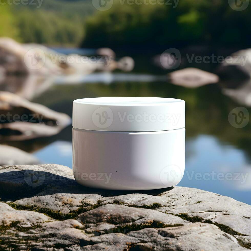 Blank white cosmetic jar on rock with river background. Generative AI photo