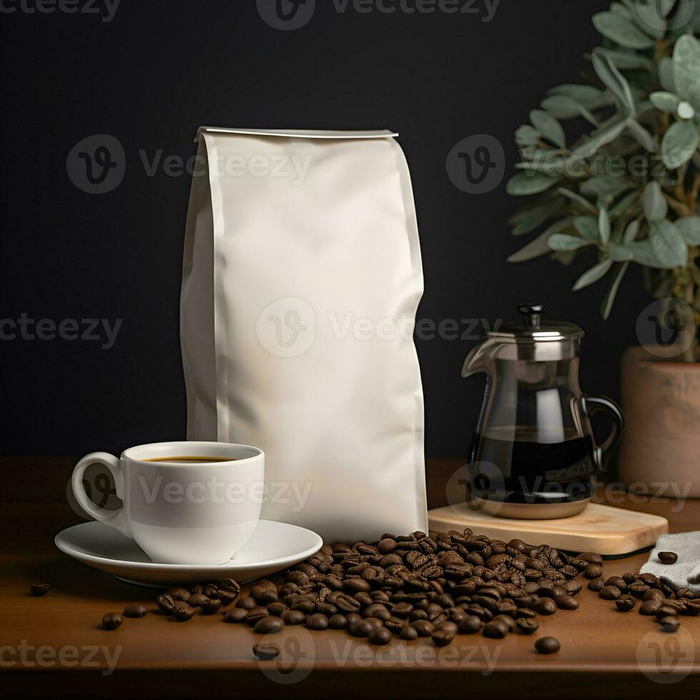 Blank beige coffee bag packaging mockup on wooden table with coffee beans and coffee cup. Generative AI photo