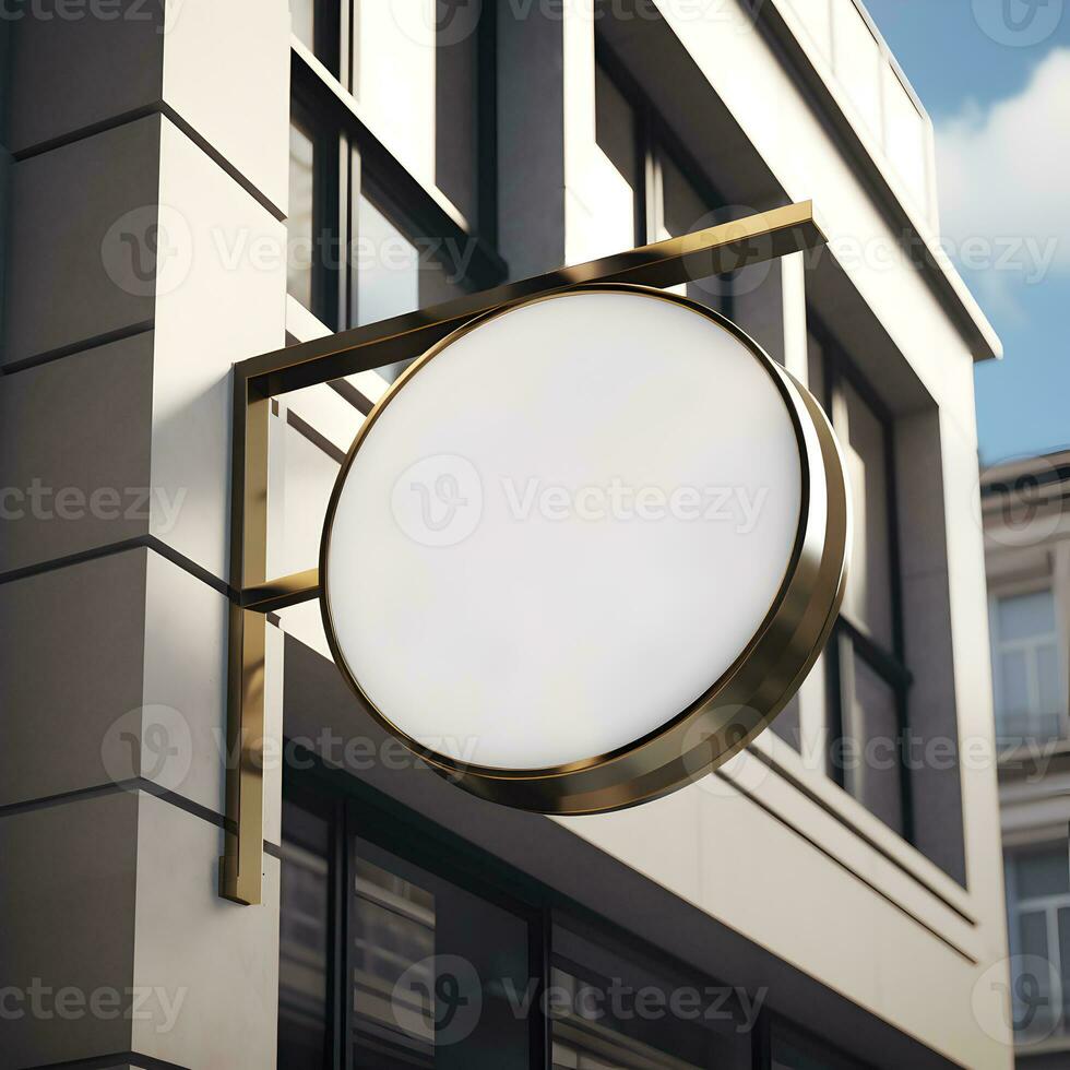 Blank metallic round store sign for logo mockup. Generative AI photo