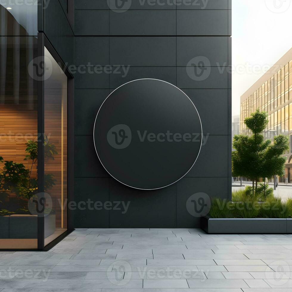 Blank round black signboard attached to the black wall. Generative AI photo