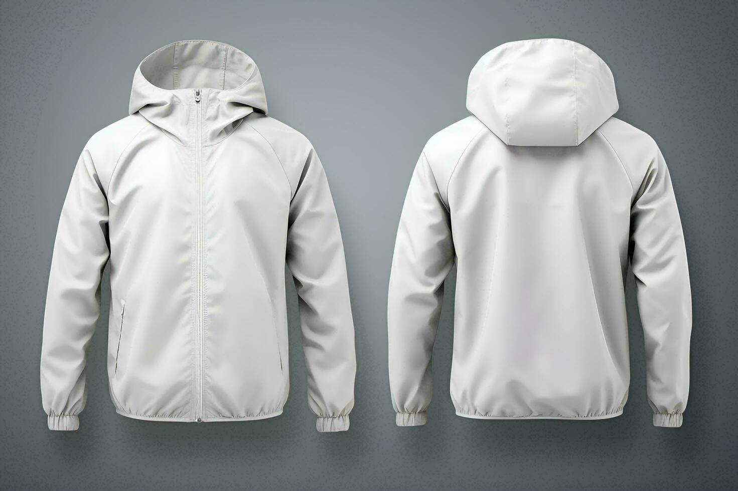 Blank white windbreaker jacket mockup, front and back view. Generative Blank white windbreaker jacket mockup, front and back view. Generative