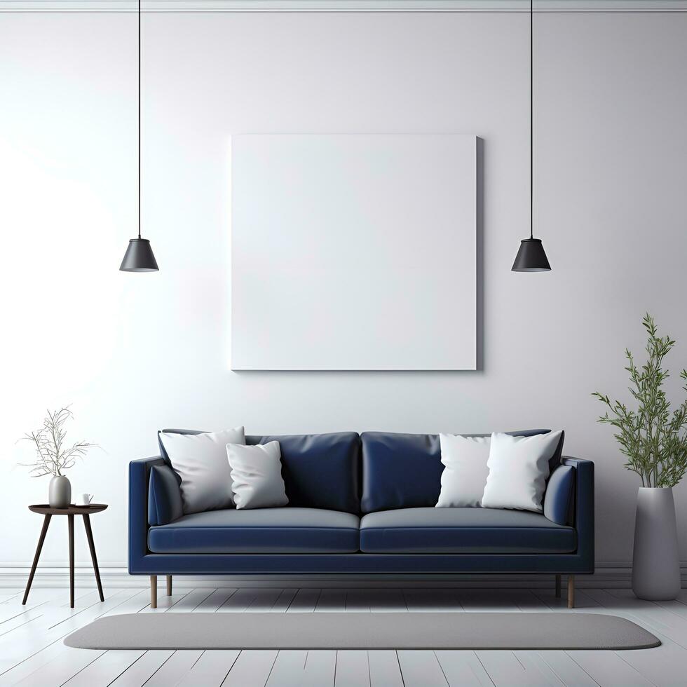 Blank white painting mockup in living room with dark blue sofa and white wall. Generative AI photo