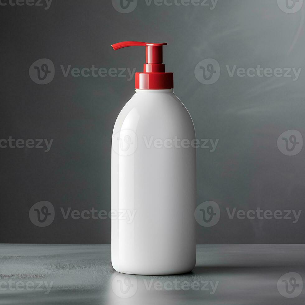 Blank white cosmetic pump bottle with red lid on grey floor and wall background. Generative AI photo